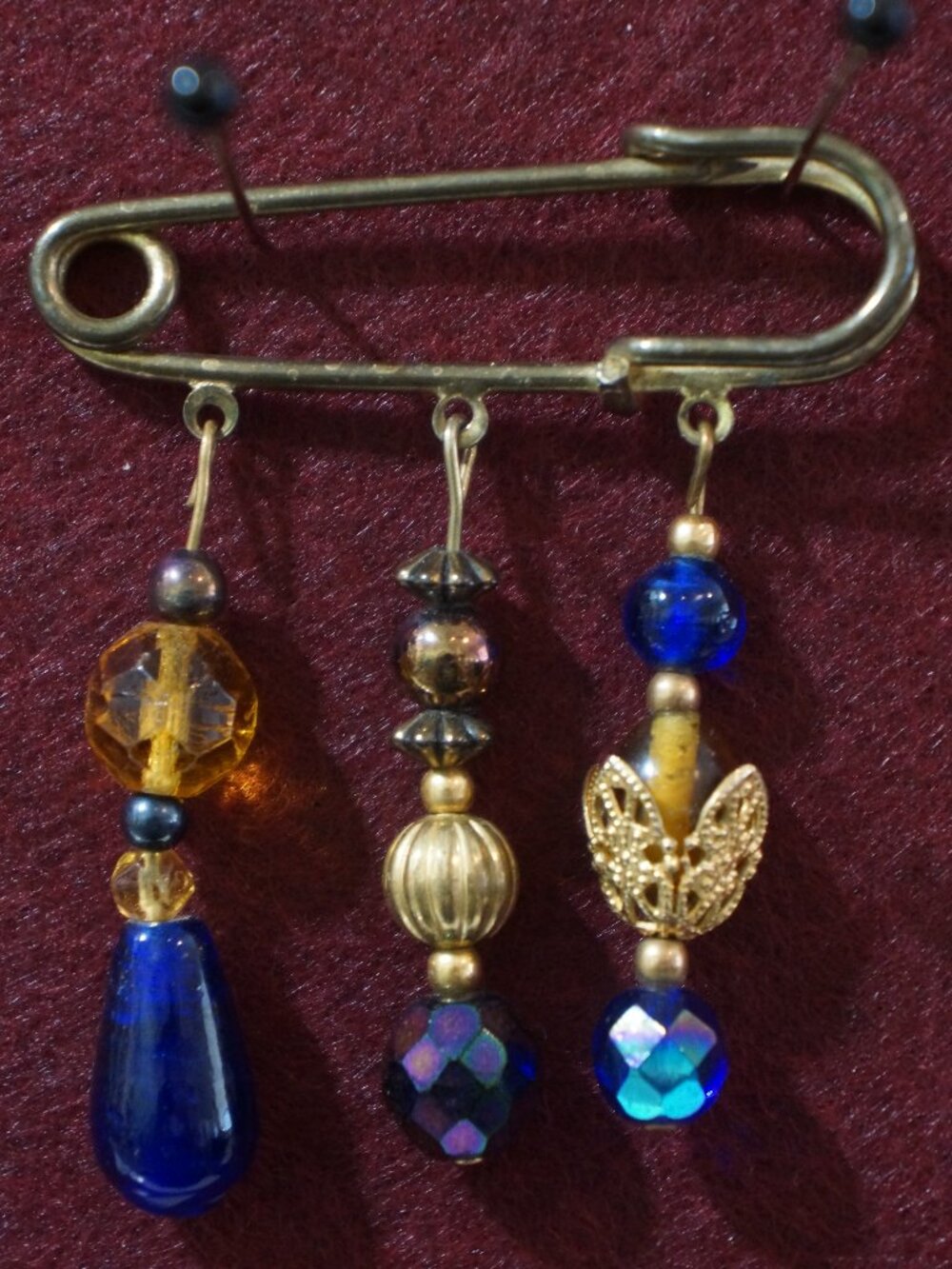 Whimsigoth Beaded Kilt Pin Brooch Boho Blue Amber Safety Pin Sweater Charm